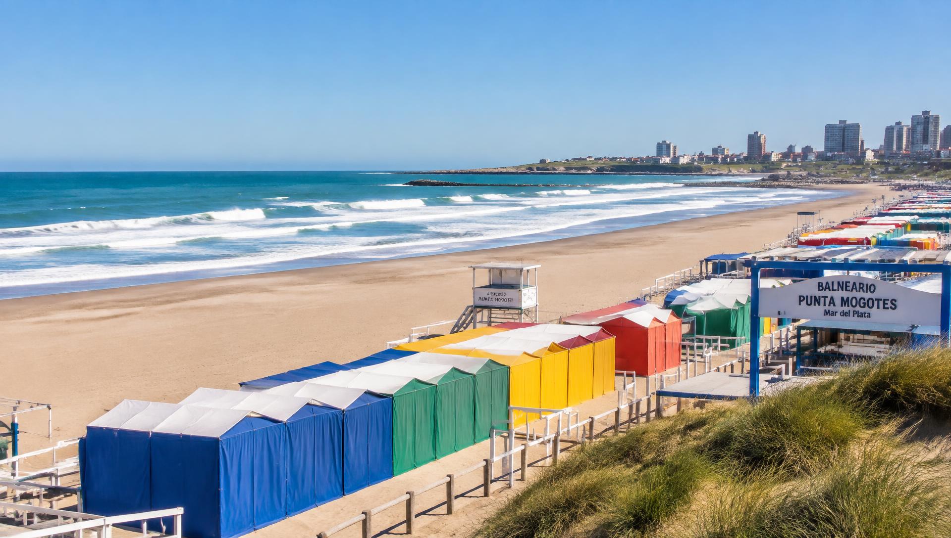 Playa de Punta Mogotes con carpas de colores y el mar en un día de sol